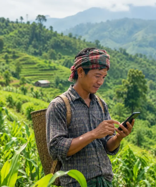 Farmer Checking Phone in Terraced Hills copy